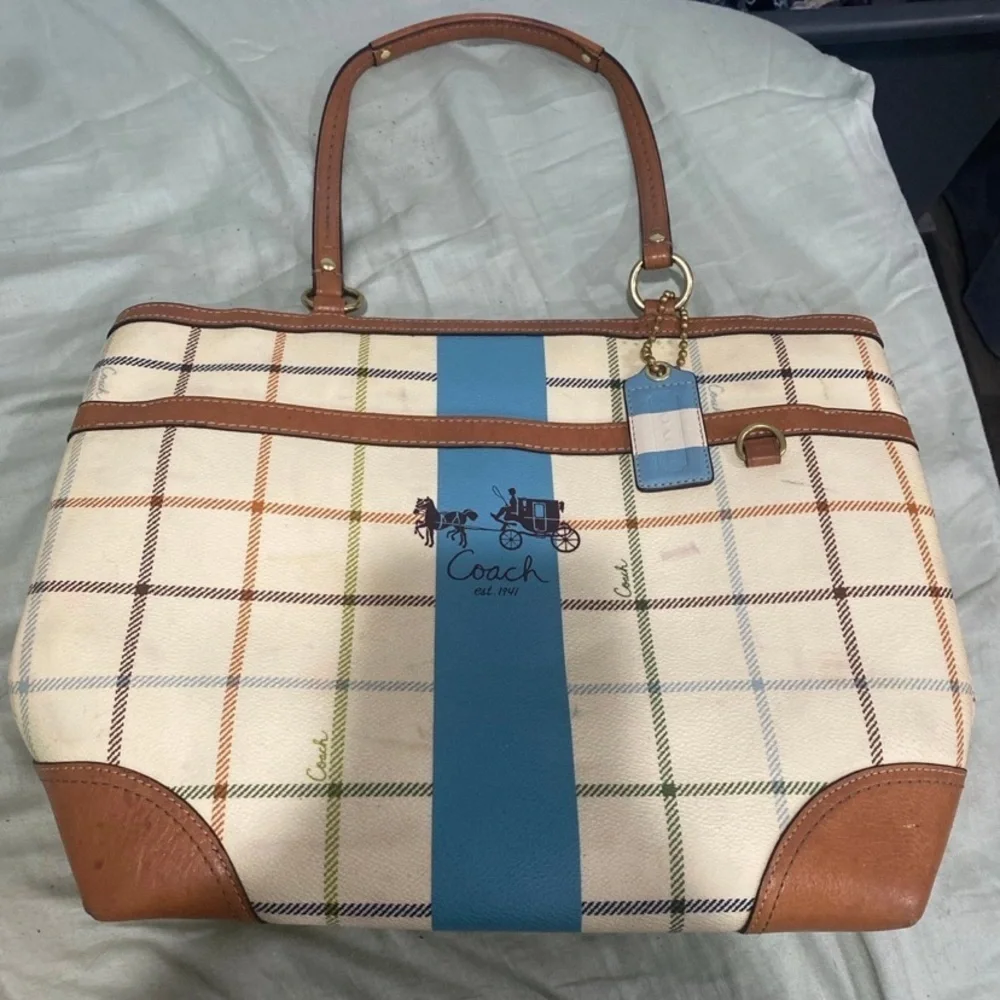 Authentic vintage coach white blue heritage plaid leather shoulder bag‎